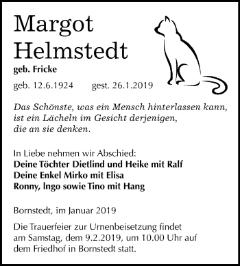 Traueranzeige von Margot Helmstedt von Super Sonntag SGH Mansf. Land