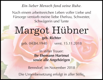 Traueranzeige von Margot Hübner von Mitteldeutsche Zeitung Mansfelder Land