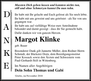 Traueranzeige von Margot Klinke von WVG - Wochenspiegel Dessau / Köthen