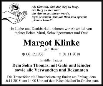 Traueranzeige von Margot Klinke von WVG - Wochenspiegel Dessau / Köthen