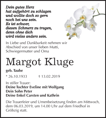 Traueranzeige von Margot Kluge von Mitteldeutsche Zeitung Bernburg