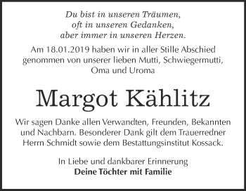 Traueranzeige von Margot Kählitz von Super Sonntag Wittenberg