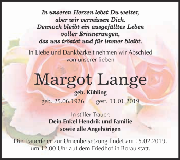 Traueranzeige von Margot Lange von WVG - Wochenspiegel NMB / WSF / ZTZ