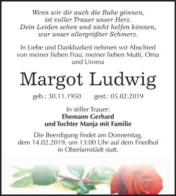 Traueranzeige von Margot Ludwig von WVG - Wochenspiegel Merseburg