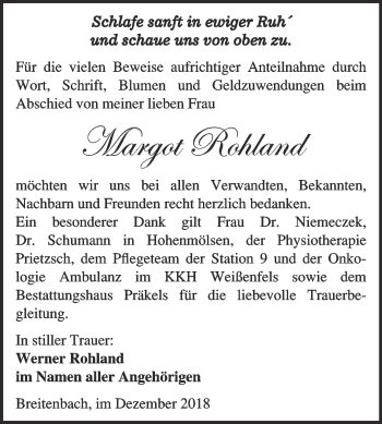 Traueranzeige von Margot Rohland von Super Sonntag Zeitz