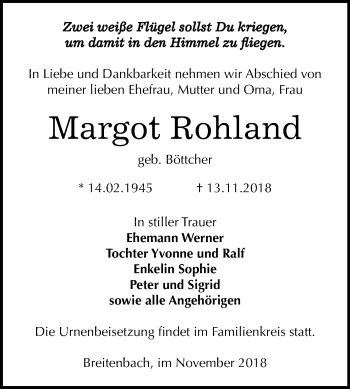 Traueranzeige von Margot Rohland von Mitteldeutsche Zeitung Zeitz
