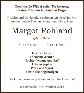 Traueranzeige von Margot Rohland von Super Sonntag Zeitz