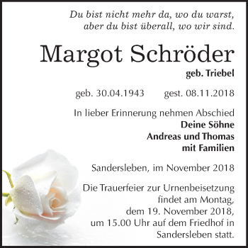 Traueranzeige von Margot Schröder von Mitteldeutsche Zeitung Aschersleben