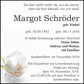 Traueranzeige von Margot Schröder von Super Sonntag SGH Mansf. Land
