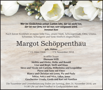Traueranzeige von Margot Schöppenthau von Mitteldeutsche Zeitung Köthen
