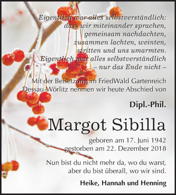 Traueranzeige von Margot Sibilla von Mitteldeutsche Zeitung Halle/Saalkreis
