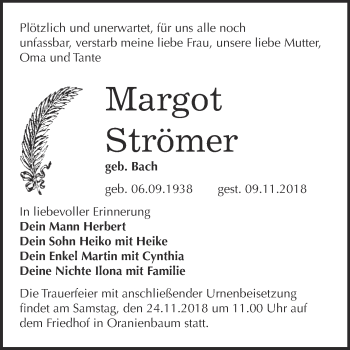 Traueranzeige von Margot Strömer von Super Sonntag Wittenberg