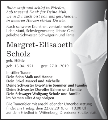 Traueranzeige von Margret-Elisabeth Scholz von WVG - Wochenspiegel Wittenberg