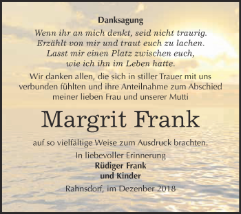 Traueranzeige von Margrit Frank von Super Sonntag Wittenberg