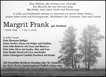 Traueranzeige von Margrit Frank von Mitteldeutsche Zeitung Wittenberg