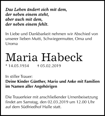 Traueranzeige von Maria Habeck von WVG - Wochenspiegel Merseburg