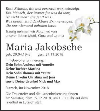 Traueranzeige von Maria Jakobsche von WVG - Wochenspiegel Wittenberg
