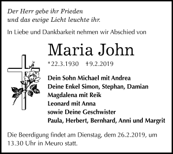 Traueranzeige von Maria John von Mitteldeutsche Zeitung