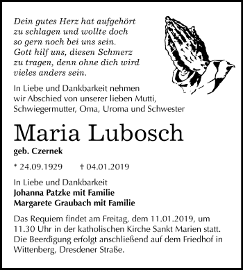 Traueranzeige von Maria Lubosch von Mitteldeutsche Zeitung Wittenberg