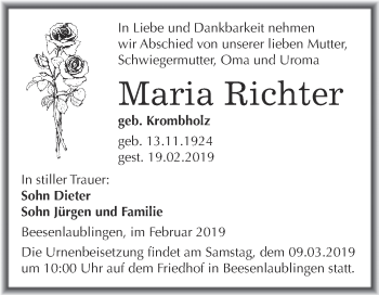 Traueranzeige von Maria Richter von Super Sonntag Bernburg