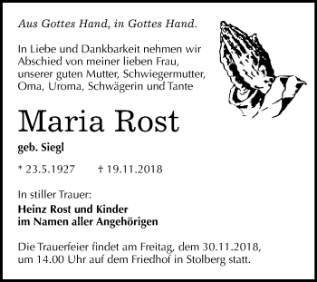 Traueranzeige von Maria Rost von Super Sonntag SGH Mansf. Land