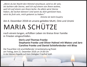 Traueranzeige von Maria Schütze von Mitteldeutsche Zeitung Dessau-Roßlau
