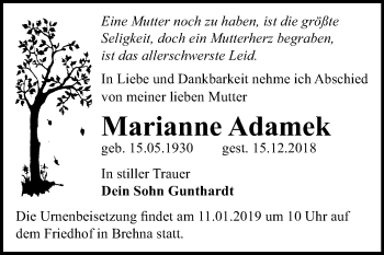 Traueranzeige von Marianne Adamek von Mitteldeutsche Zeitung Bitterfeld