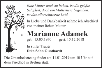 Traueranzeige von Marianne Adamek von WVG - Wochenspiegel Bitterfeld