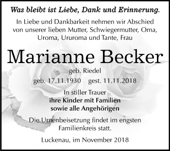 Traueranzeige von Marianne Becker von Mitteldeutsche Zeitung Zeitz