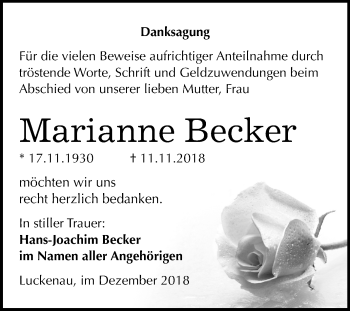 Traueranzeige von Marianne Becker von Mitteldeutsche Zeitung Zeitz