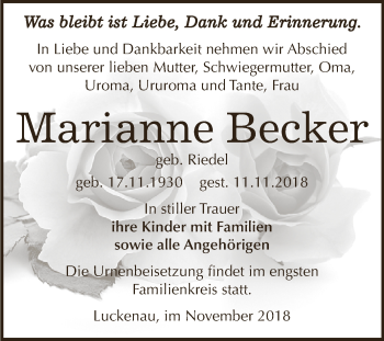 Traueranzeige von Marianne Becker von Super Sonntag Zeitz