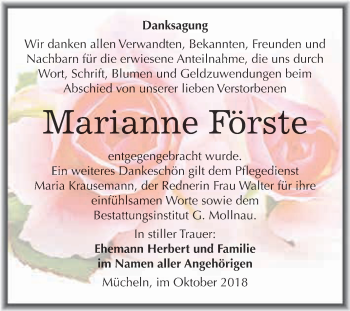 Traueranzeige von Marianne Förste von WVG - Wochenspiegel Merseburg