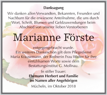 Traueranzeige von Marianne Förste von Mitteldeutsche Zeitung Merseburg/Querfurt