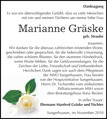 Traueranzeige von Marianne Gräske von Super Sonntag SGH Mansf. Land