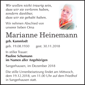 Traueranzeige von Marianne Heinemann von Mitteldeutsche Zeitung Sangerhausen