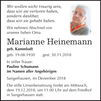 Traueranzeige von Marianne Heinemann von WVG - Wochenspiegel SGH