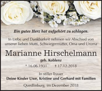 Traueranzeige von Marianne Hirschelmann von WVG - Wochenspiegel Quedlinburg