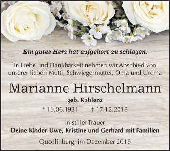 Traueranzeige von Marianne Hirschelmann von Mitteldeutsche Zeitung Quedlinburg