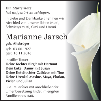 Traueranzeige von Marianne Jarsch von Mitteldeutsche Zeitung Wittenberg