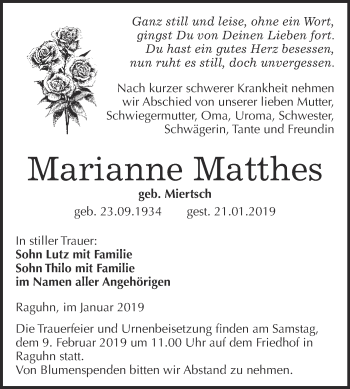 Traueranzeige von Marianne Matther von WVG - Wochenspiegel Bitterfeld