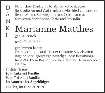 Traueranzeige von Marianne Matthes von WVG - Wochenspiegel Bitterfeld