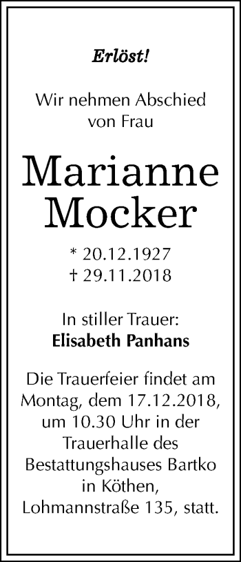 Traueranzeige von Marianne Mocker von Mitteldeutsche Zeitung Köthen
