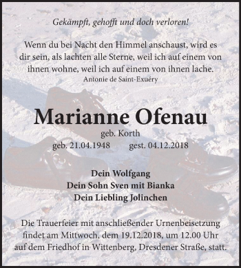 Traueranzeige von Marianne Ofenau von Mitteldeutsche Zeitung Wittenberg