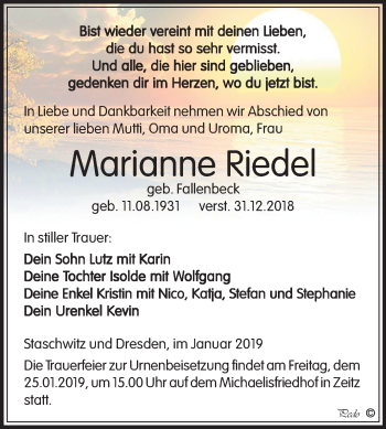 Traueranzeige von Marianne Riedel von Mitteldeutsche Zeitung Zeitz