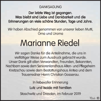 Traueranzeige von Marianne Riedel von WVG - Wochenspiegel NMB / WSF / ZTZ