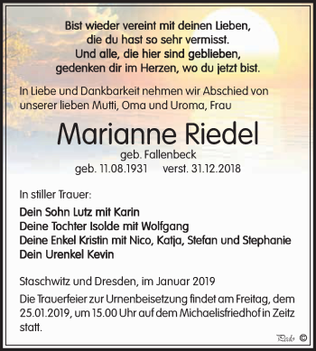 Traueranzeige von Marianne Riedel von Super Sonntag Zeitz