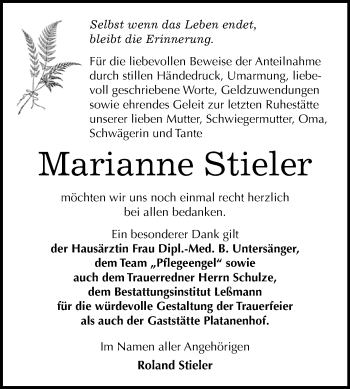 Traueranzeige von Marianne Stieler von WVG - Wochenspiegel Wittenberg