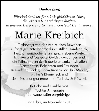 Traueranzeige von Marie Kreibich von Mitteldeutsche Zeitung Naumburg/Nebra
