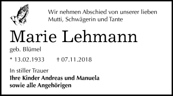 Traueranzeige von Marie Lehmann von Mitteldeutsche Zeitung Dessau-Roßlau