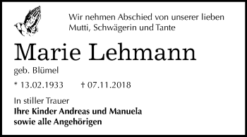 Traueranzeige von Marie Lehmann von WVG - Wochenspiegel Dessau / Köthen